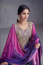 Embroidered chinon Bandhani print salwaar kameez in purple