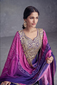 Embroidered chinon Bandhani print salwaar kameez in purple
