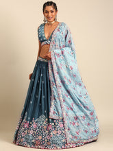 Blue chinon Lehenga with sky blue floral dupatta