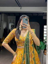 Mustard Tussar silk foil printed lehenga (skirt stitched)