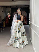 Indo western style - White zari satin digital print Lehenga (black blouse piece)