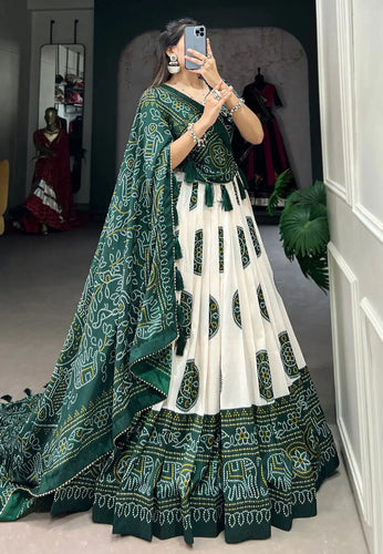 Tussar silk Lehenga bandhej print in green