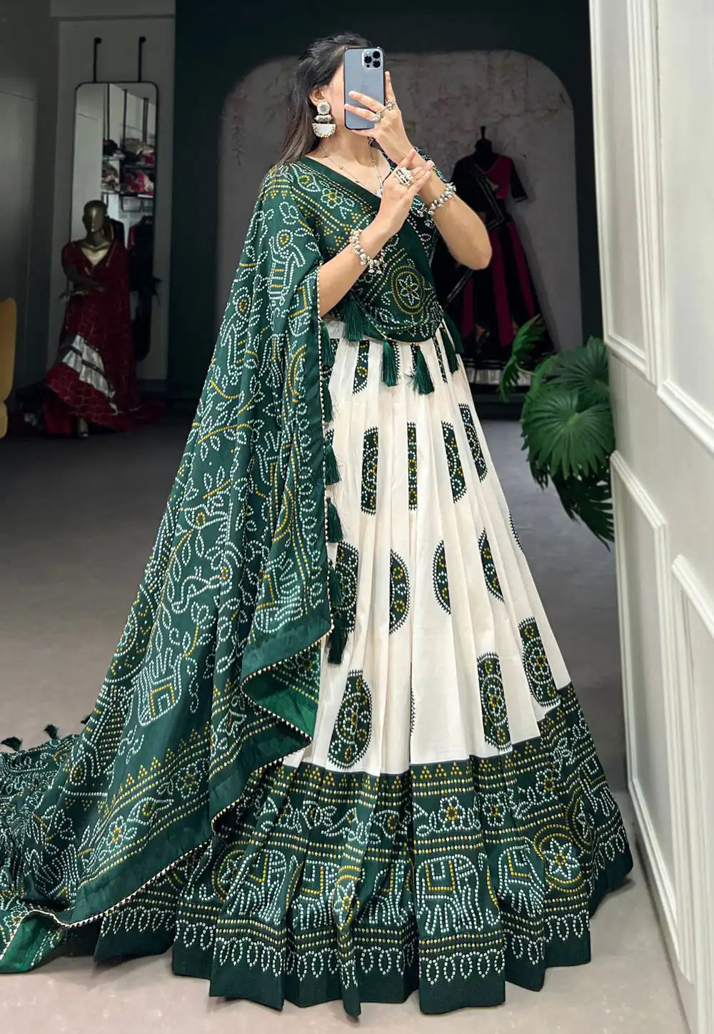 Tussar silk Lehenga bandhej print in green