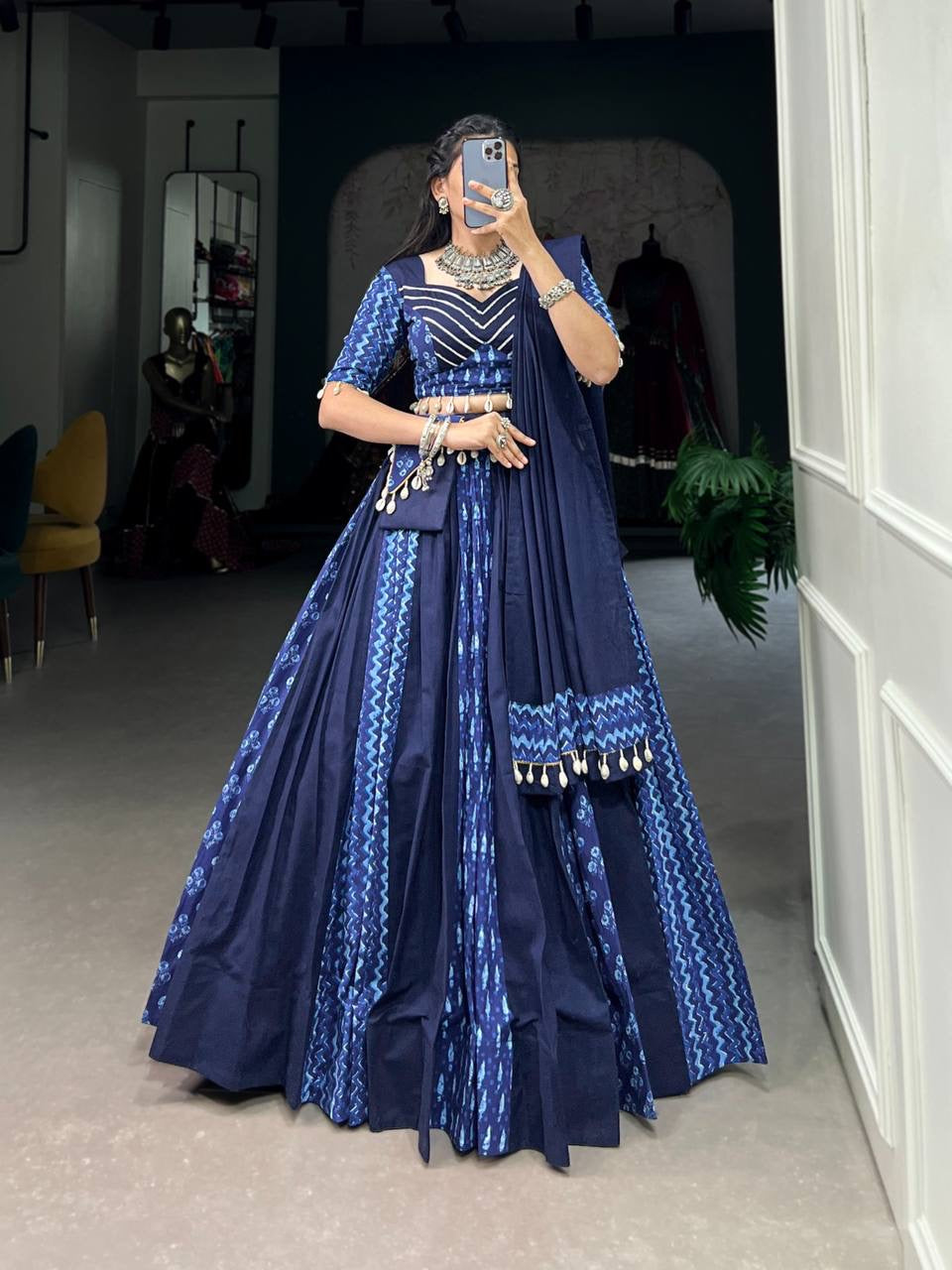 Blue plain and printed with shells chaniya choli - readymade