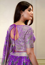 Purple organza bird and floral print Lehenga