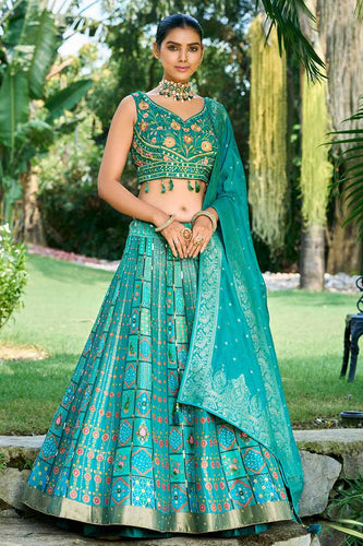 Sea green embroidered banarasi silk Lehenga