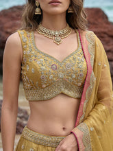 Mustard tissue embroidered lehenga