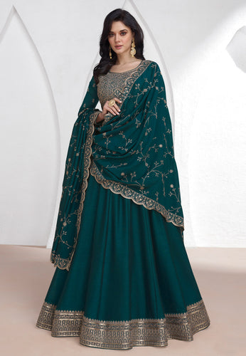 Teal embroidered chinon silk anarkali