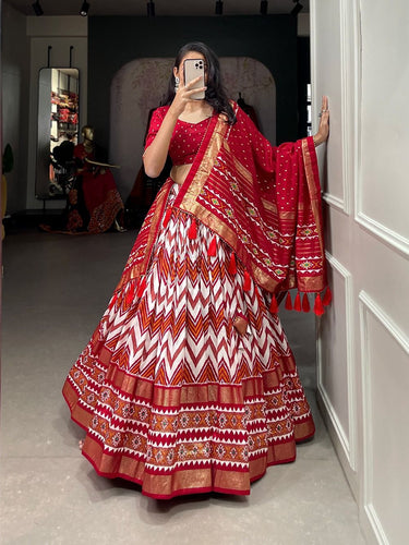 Tussar silk lehengas chevron leheriya style (skirt stitched) - red