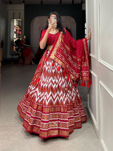 Tussar silk lehengas chevron leheriya style (skirt stitched) - red