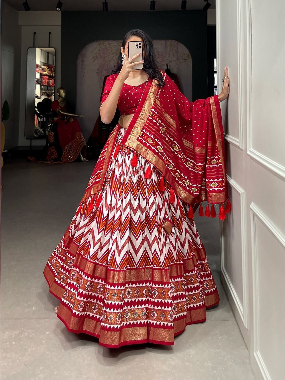 Tussar silk lehengas chevron leheriya style (skirt stitched) - red
