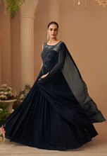 Deep navy blue chinon silk embroidered gown