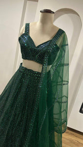 Bottle green Lehenga with rainbow sequins