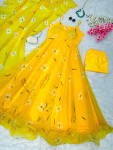 Yellow strappy floral salwaar kameez