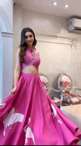 Flamingo print pink silk Lehenga