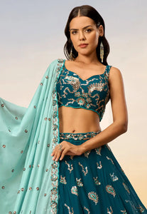 Teal blue embroidered Georgette Lehenga with the sky blue dupatta