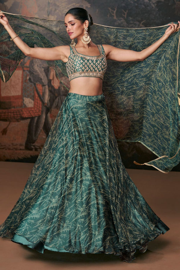 Green Organza silk readymade Lehenga (elbow length sleeves attached)