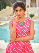 Fuschia pink embroidery and printed Dola silk gown