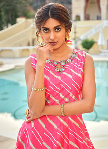 Fuschia pink embroidery and printed Dola silk gown