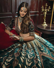Green and gold silk Lehenga