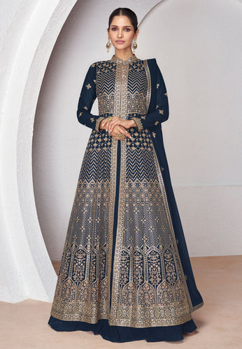 Fusion and trendiest anarkali in navy blue - readymade