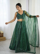 Bottle green Lehenga with rainbow sequins