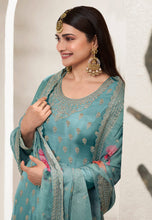 Prachi Desai sky blue chinon silk suit