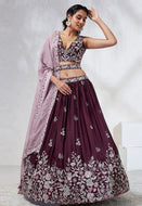 Burgundy georgette Lehenga and contrasting dupatta