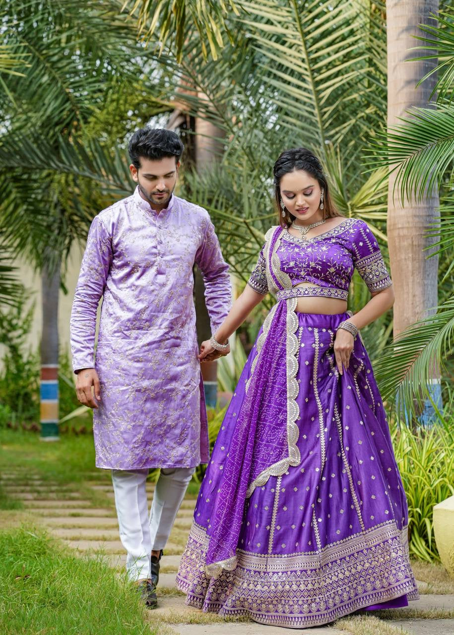 Purpe Dreamer Bollywood fusion readymade Lehenga (men’s kurta matching available)