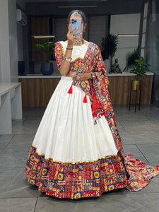 White and red foil work cotton chaniya choli - readymade