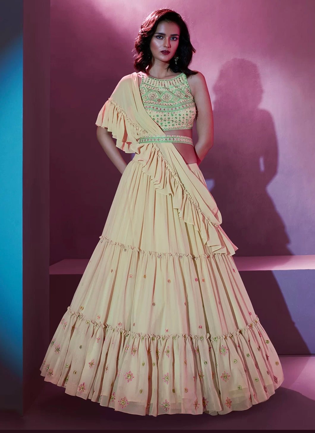 Ariana - off white Lehenga with ruffle dupatta and belt