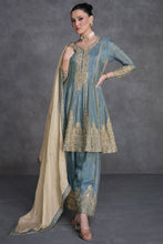 Steel blue and grey palazzo suit