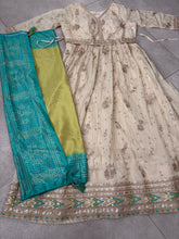Ivory silk anarkali with green bandhani print dupatta
