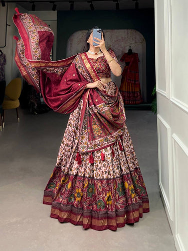 Tussar silk floral print contemporary Lehenga in maroon (skirt stitched)