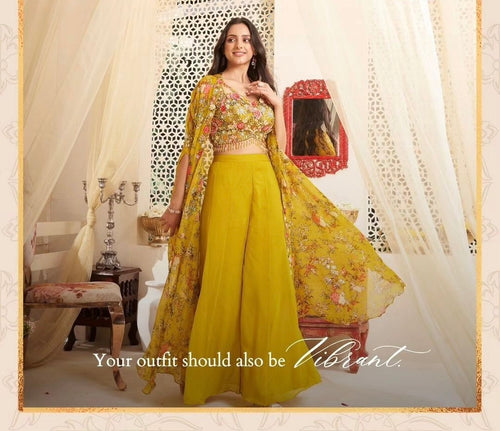 Mustard yellow palazzo set with floral cape