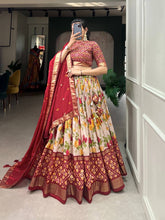Tussar silk floral and patola print Lehenga in red
