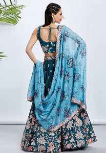 Teal floral embroidered Lehenga with floral dupatta