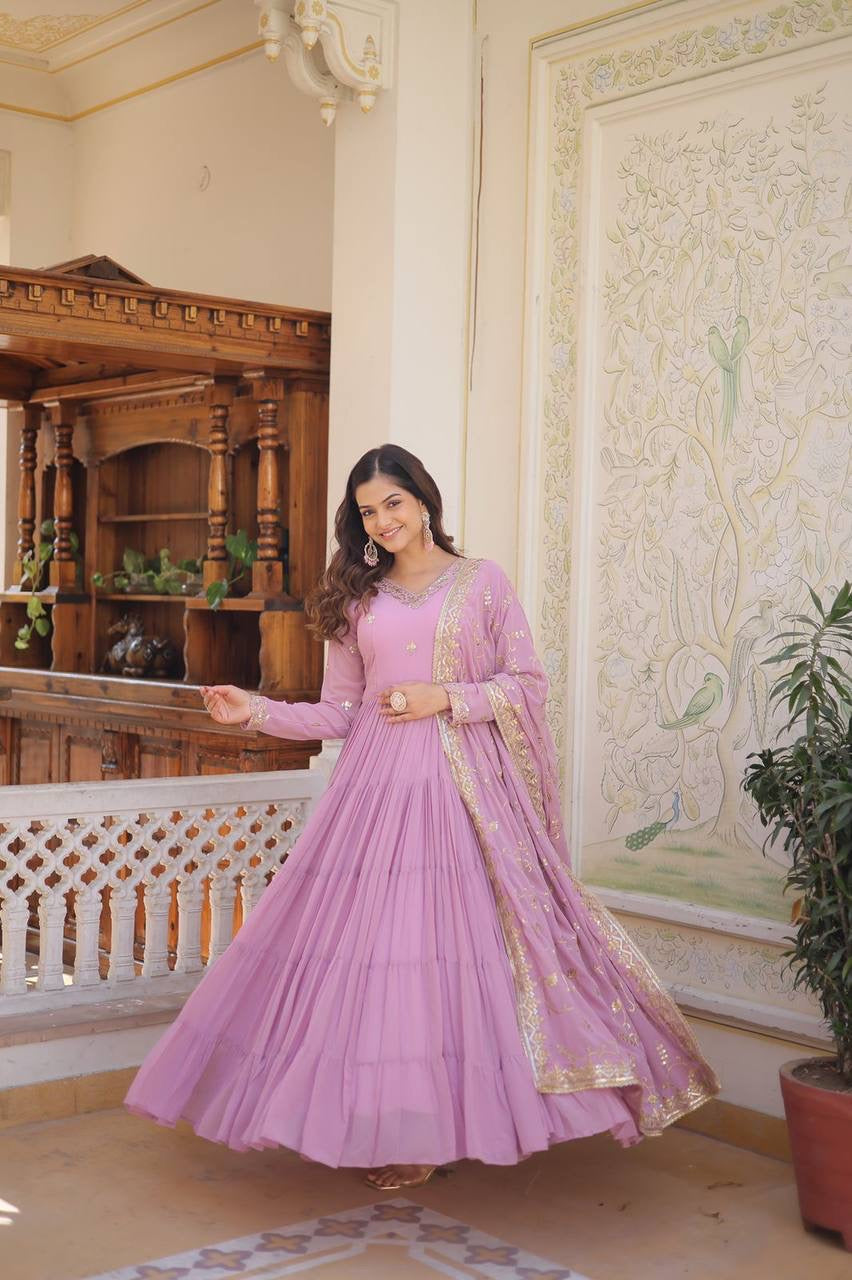 Pastel 5 layer gowns with sequinned dupatta in lavender