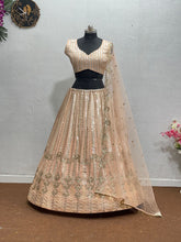 Peach French embroidered sequins and mirror work Lehenga