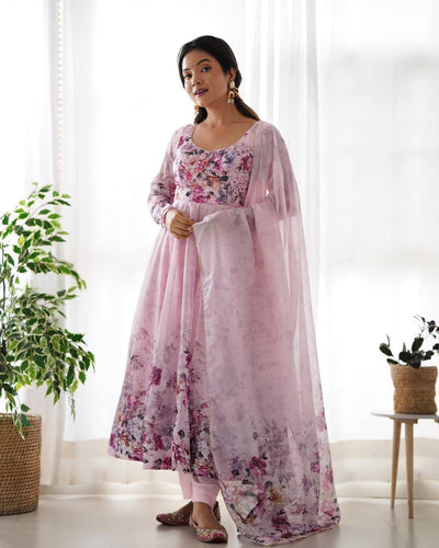 Organza silk floral anarkali in baby pink