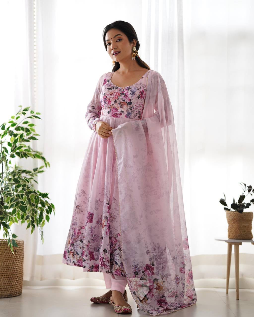 Organza silk floral anarkali in baby pink