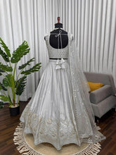 Silver satin silk thread work sequins Lehenga