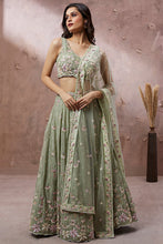 Pistachio green georgette embroidered flared Lehenga