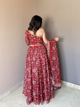 Stylish one shoulder red floral printed lehenga