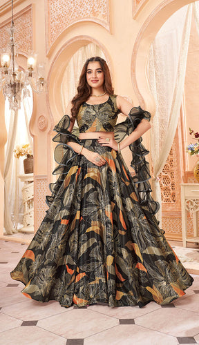 Boutique collection - black and orange floral Lehenga with ruffle dupatta (long sleeves attached)