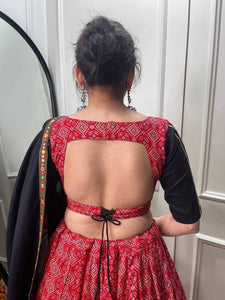 Red printed gamthi work cotton readymade Lehenga
