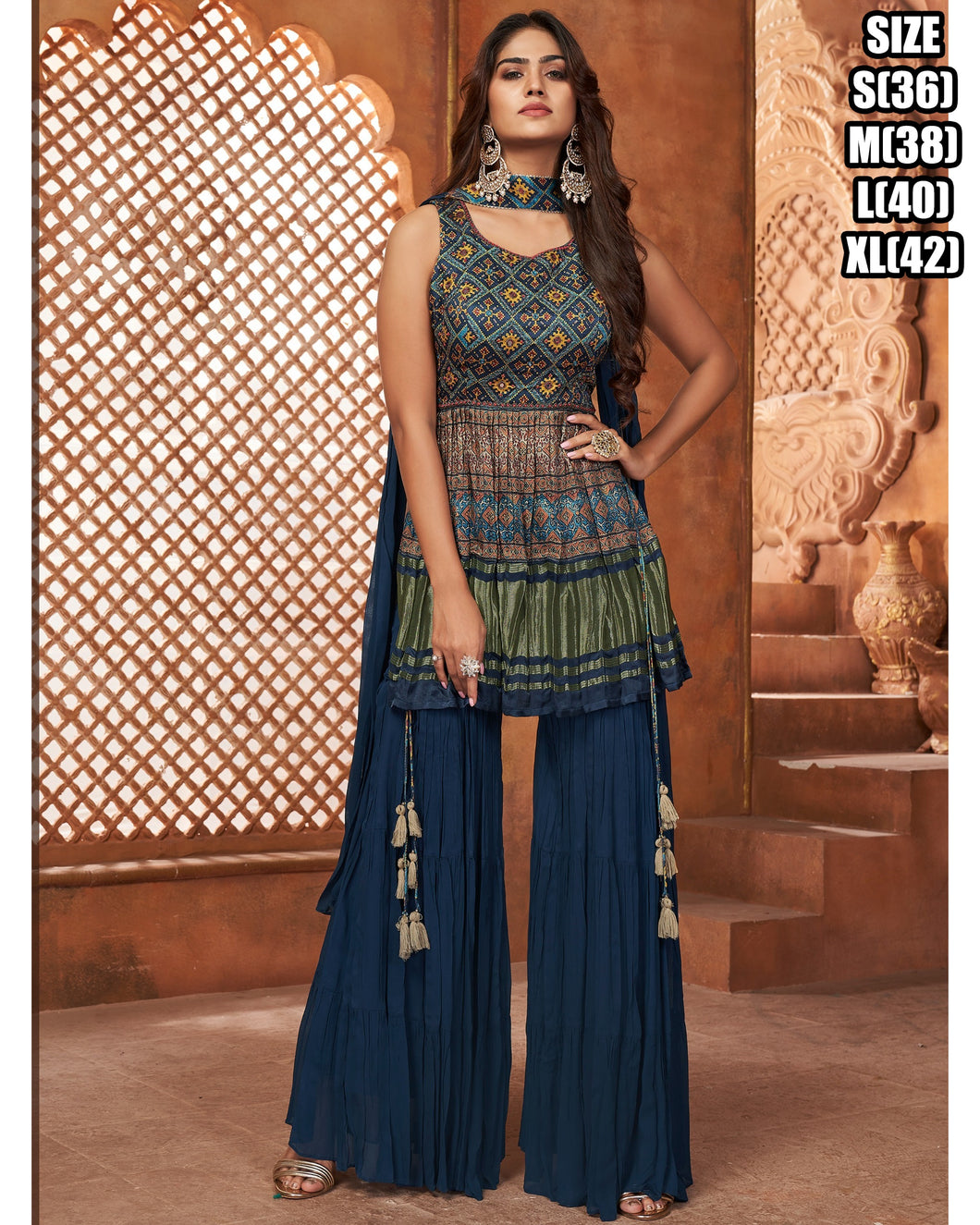 Peplum and bandhej print shararas readymade