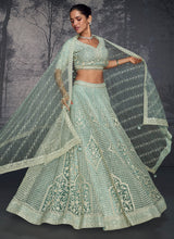 Mint green net embroidered readymade lehenga