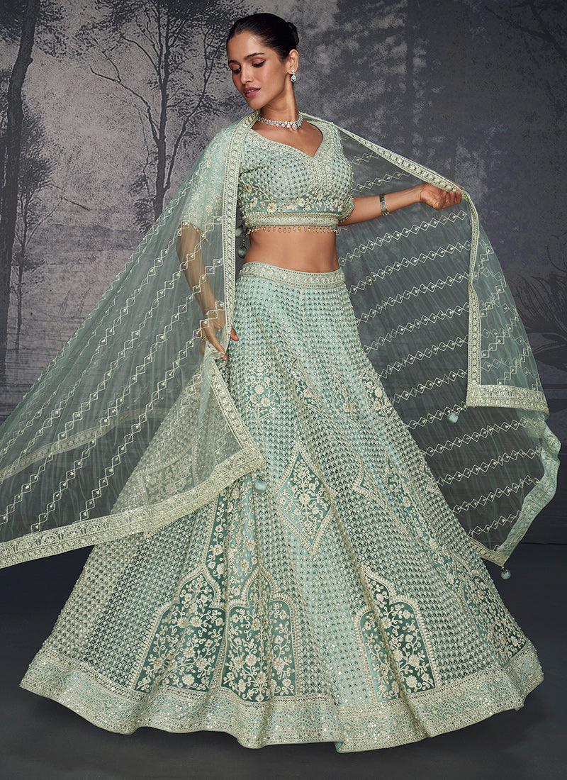 Mint green net embroidered readymade lehenga