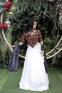 White frolic cotton readymade lehenga with bandhej print dupatta